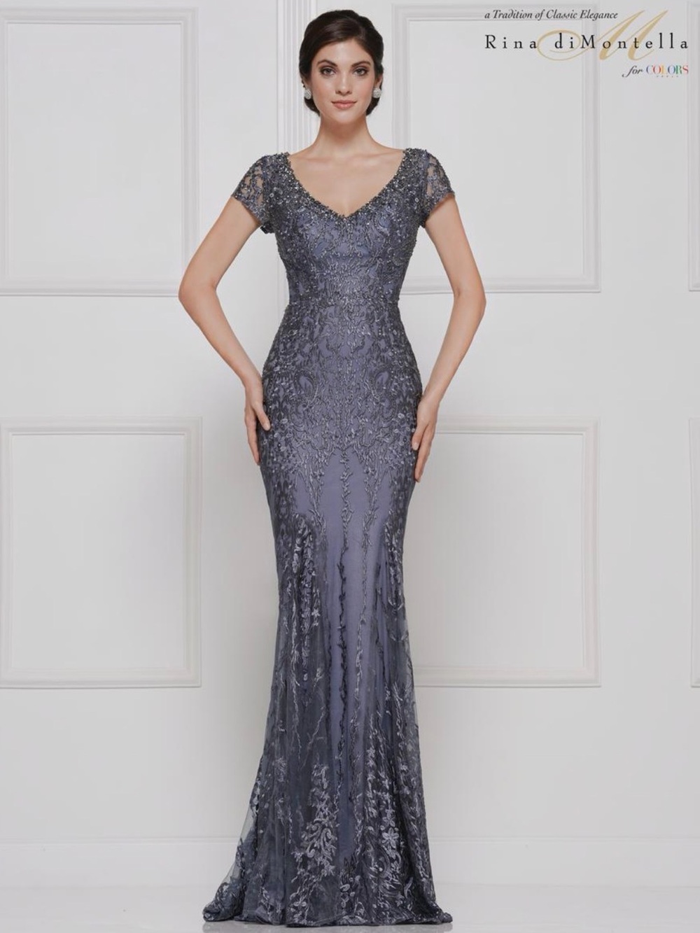Rina diMontella Embellished Blue Gray Lace V-Neck Maxi Gown